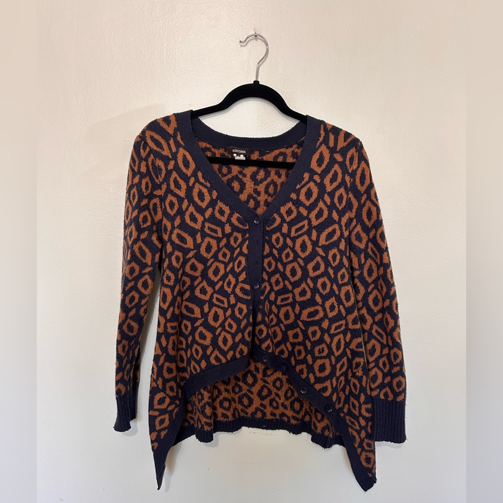 KERISMA | Navy and Orange Geometric Cardigan, Size Small